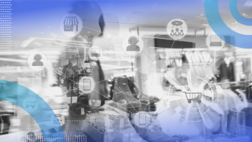 Customer data platform (CDP) multi-layered image of a clothing store with an overlay of different icons indicating data the company gathers on a customer.