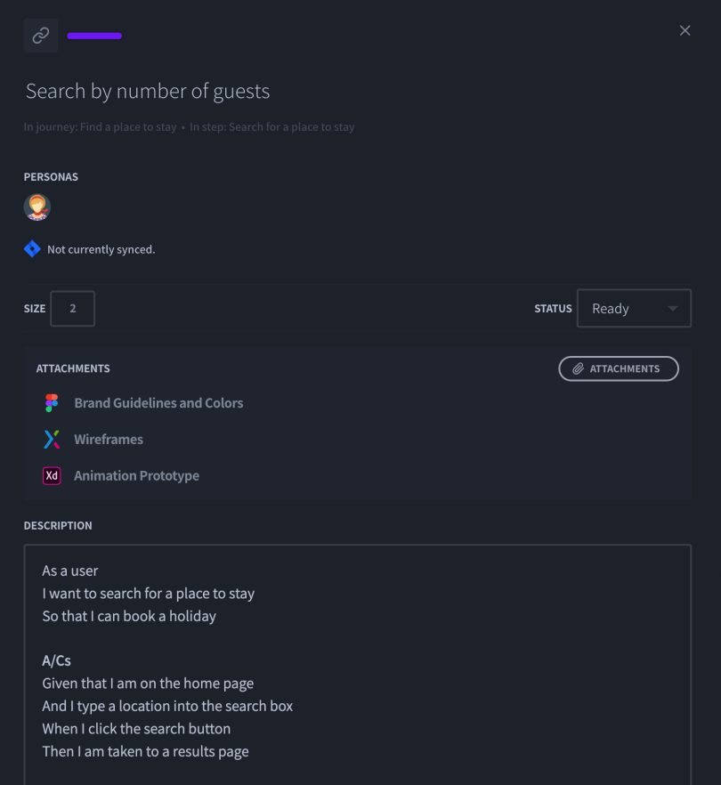 User story cards can be linked to personas and marked for status completion.