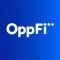 OppFi white logo with blue background